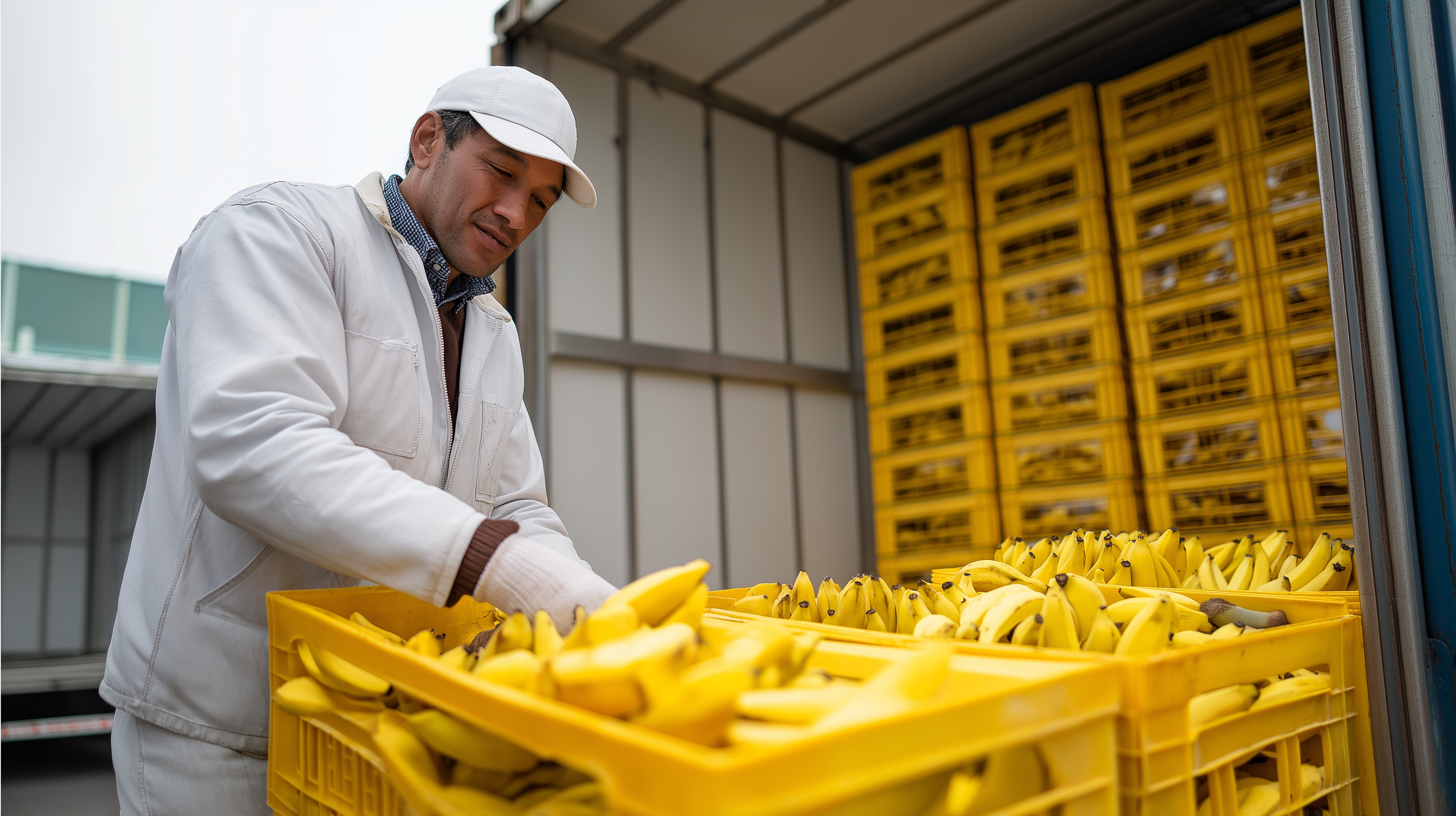 Man looking at bananas in front of refrigerated truck