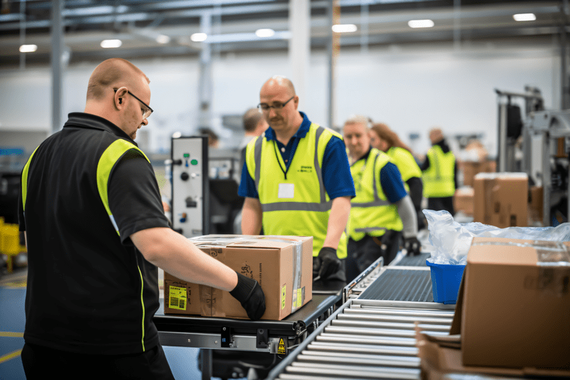 Workers are handling the packaged courier on the production line