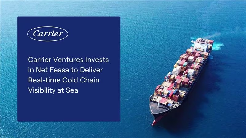 An aerial view of a container ship in the open sea with press release description of Carrier Ventures invest in Net Feasa.