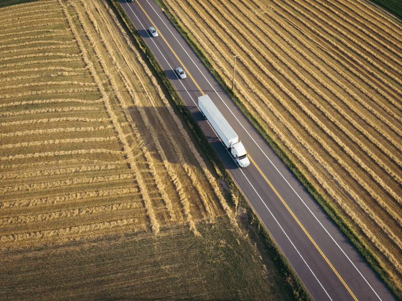 Truck traveling through rural area.
