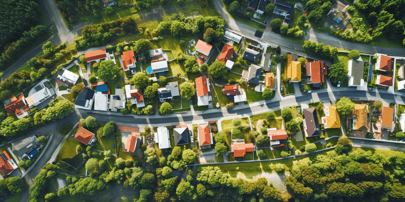 Houses in neighborhood with green trees.
