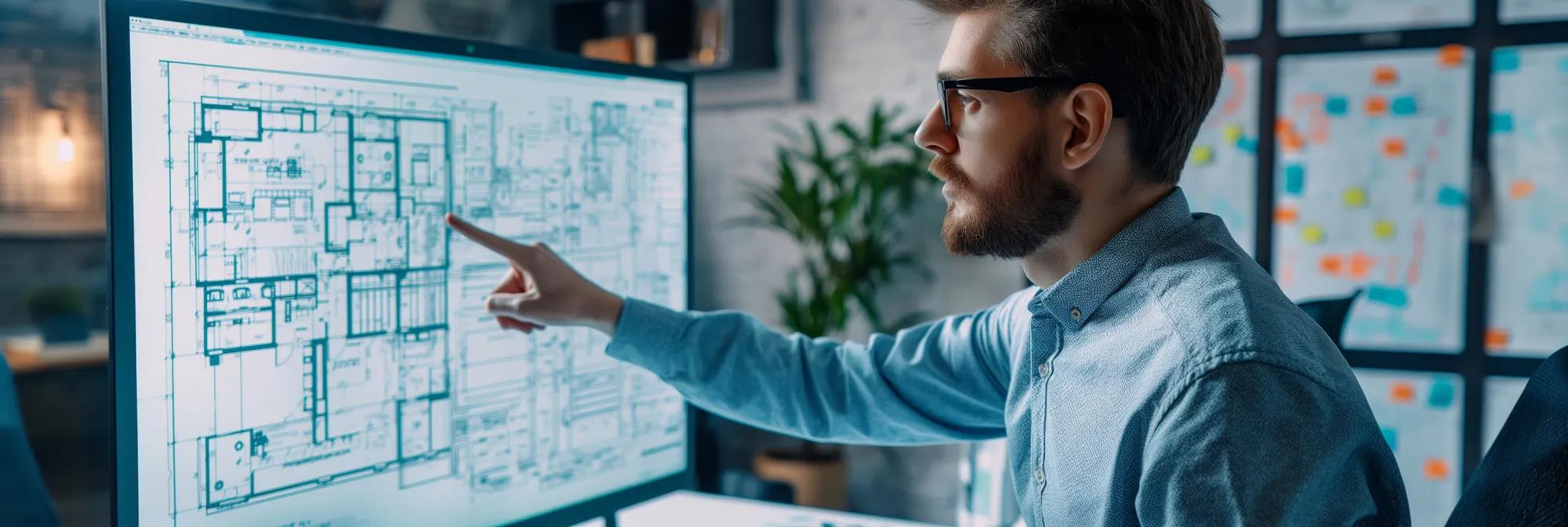 man using desktop computer to look at building plans