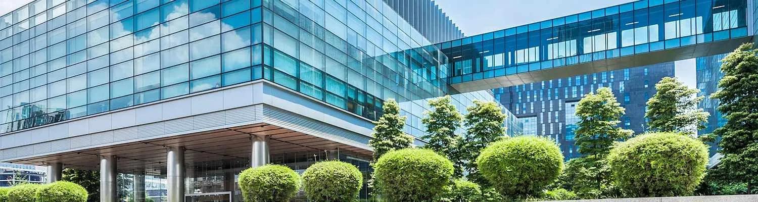 Commercial building exterior with landscaping