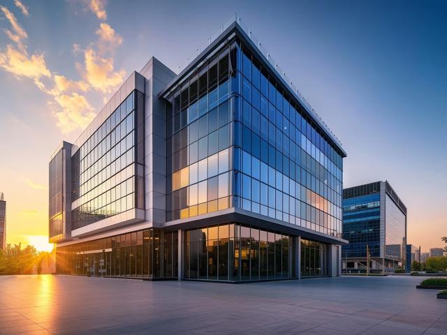 exterior commercial building at sunset