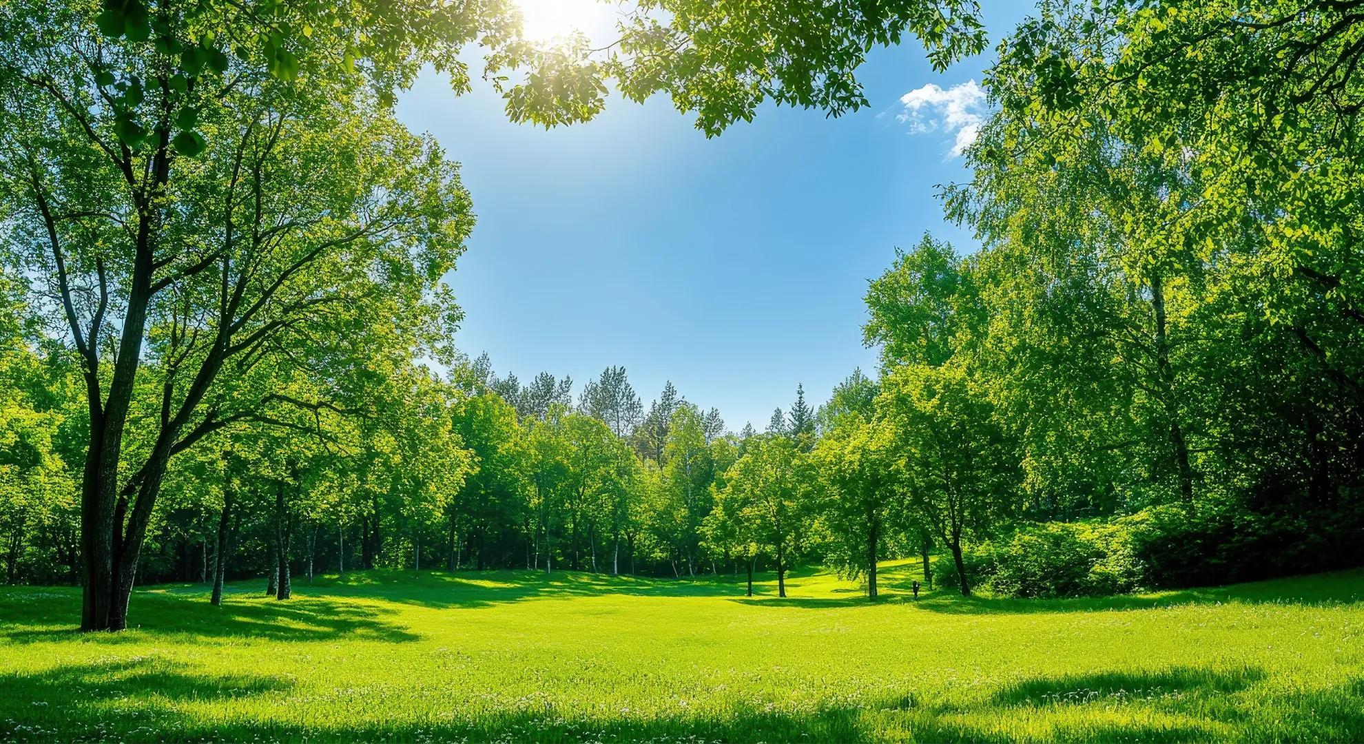 A person in a green open meadow surrounded by green trees.